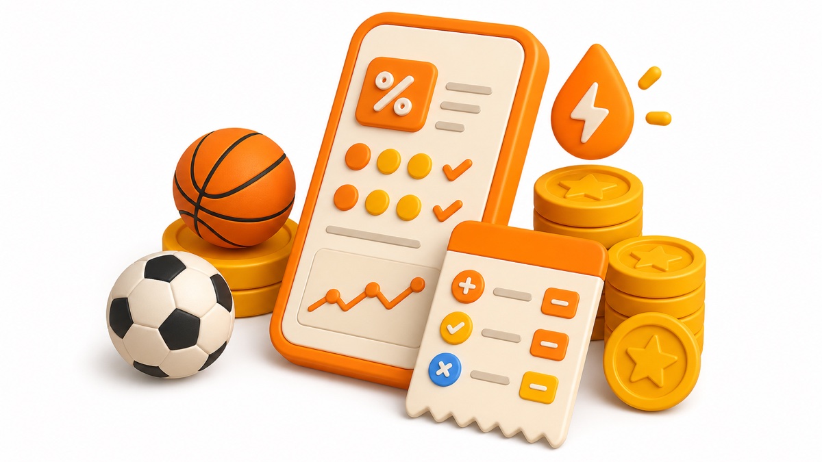 3D Juice-style illustration of AI sports betting tools with a bet slip, odds research card, coins, and sports balls