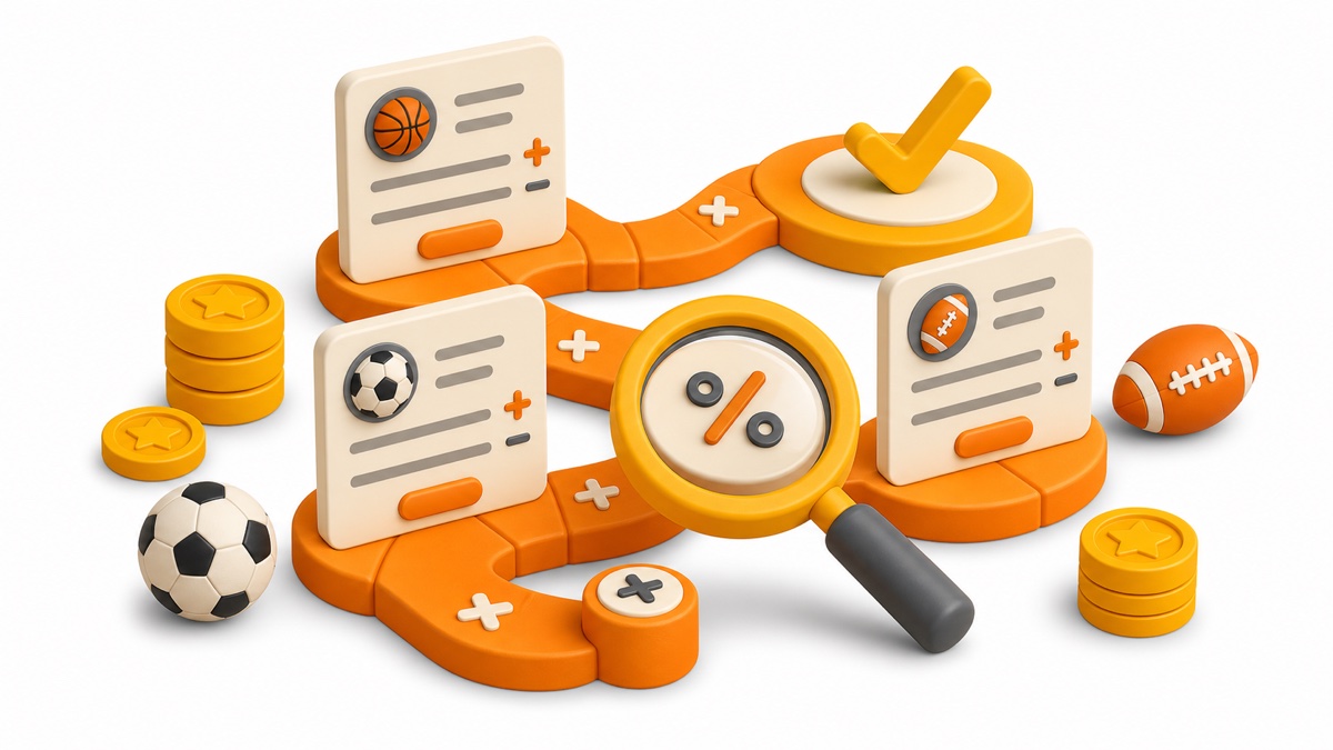 3D Juice-style illustration of line shopping with odds cards on an orange path, a magnifying glass, coins, and sports balls