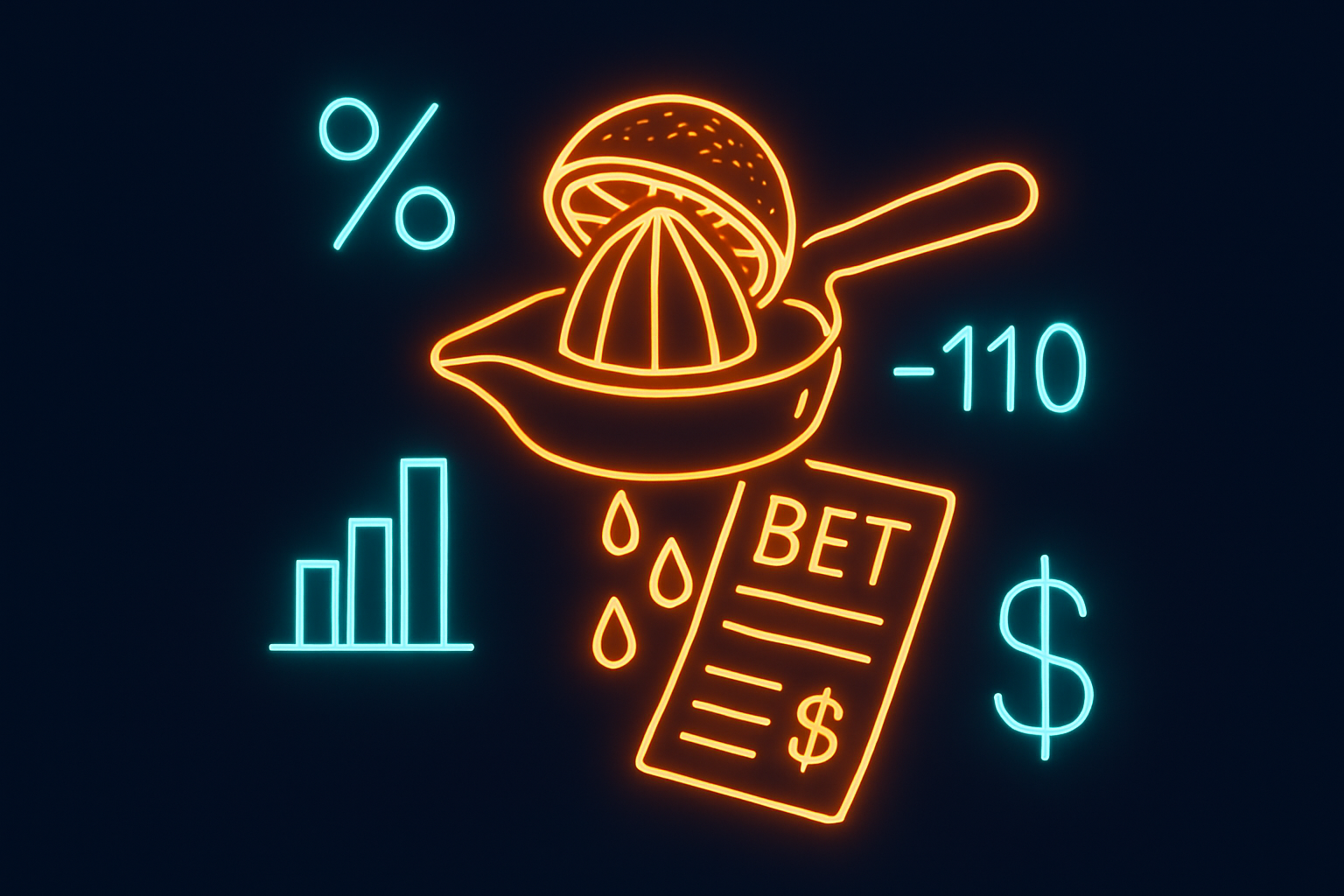 What Does Juice Mean in Sports Betting - Neon illustration of a citrus press squeezing juice onto a betting slip with odds and percentage symbols