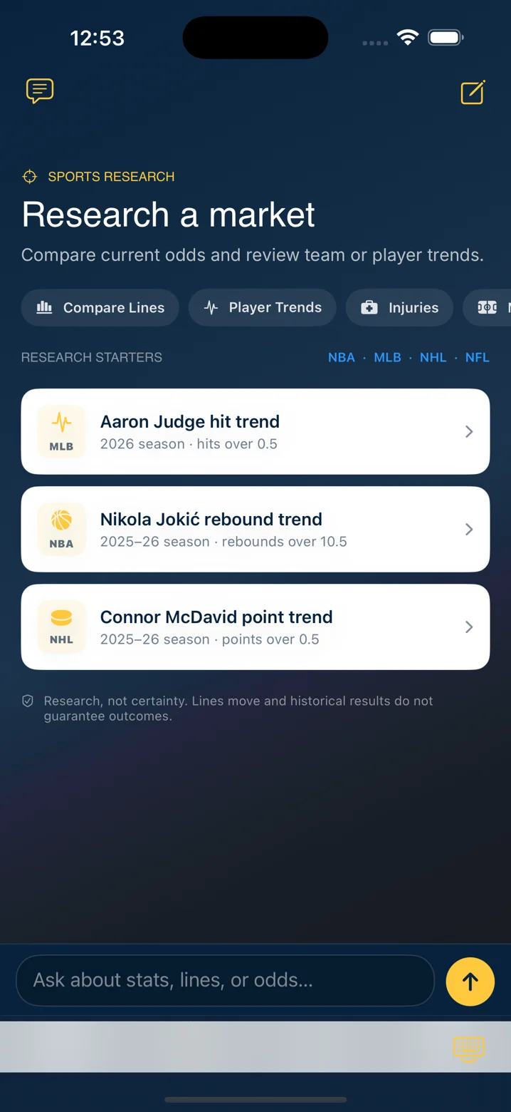 Ask Juice research screen with prompts for comparing lines, player trends, and injuries