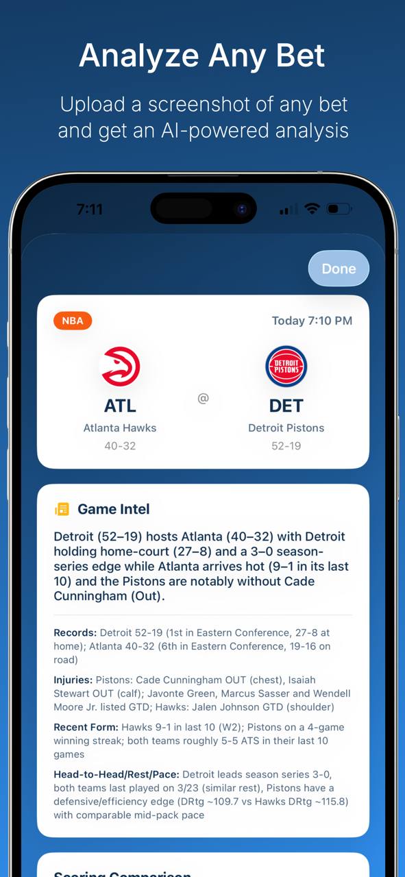 Analyze any bet - upload screenshot for AI-powered game intel and EV analysis